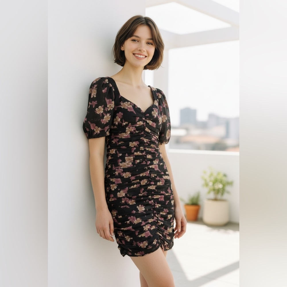 Open Edit Floral Print Ruched Charming Puff Sleeve Mini Dress In Black Size XS